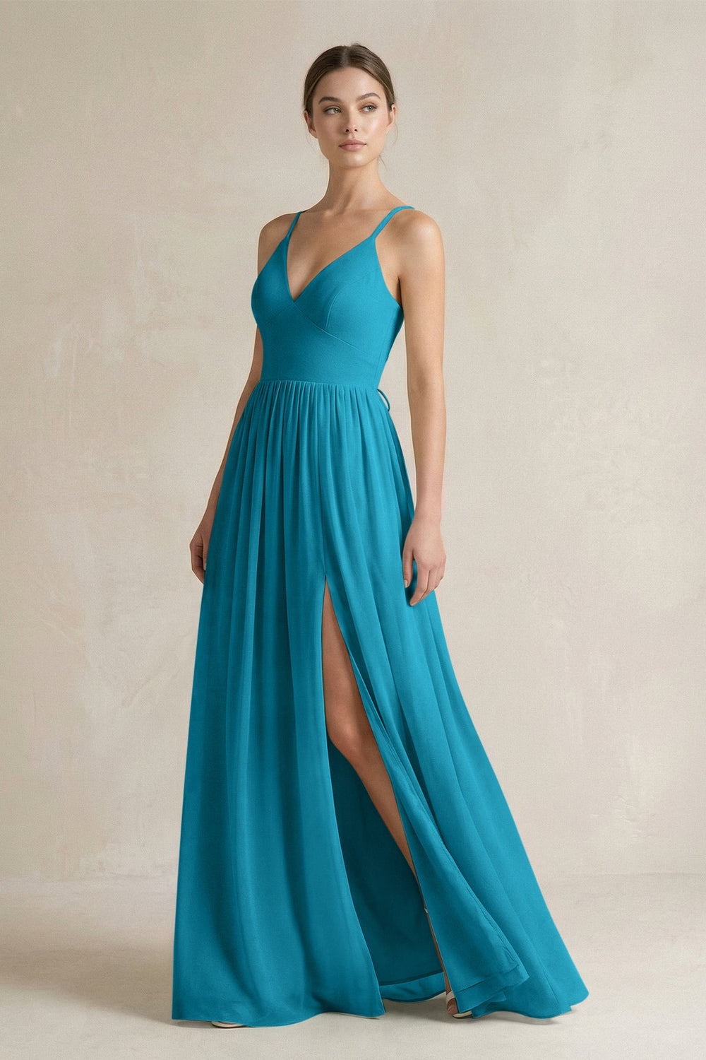 A-Line Spaghetti Strap Chiffon Bridesmaid Dress in Blue Jay - KissProm BRIDESMAID DRESSES