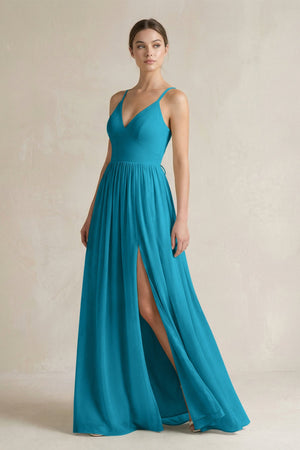 A-Line Spaghetti Strap Chiffon Bridesmaid Dress in Blue Jay - KissProm BRIDESMAID DRESSES
