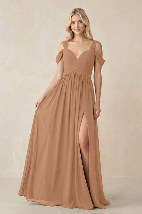 Chiffon A-Line Bridesmaid Dress with Slit  in Bronzer - KissProm BRIDESMAID DRESSES