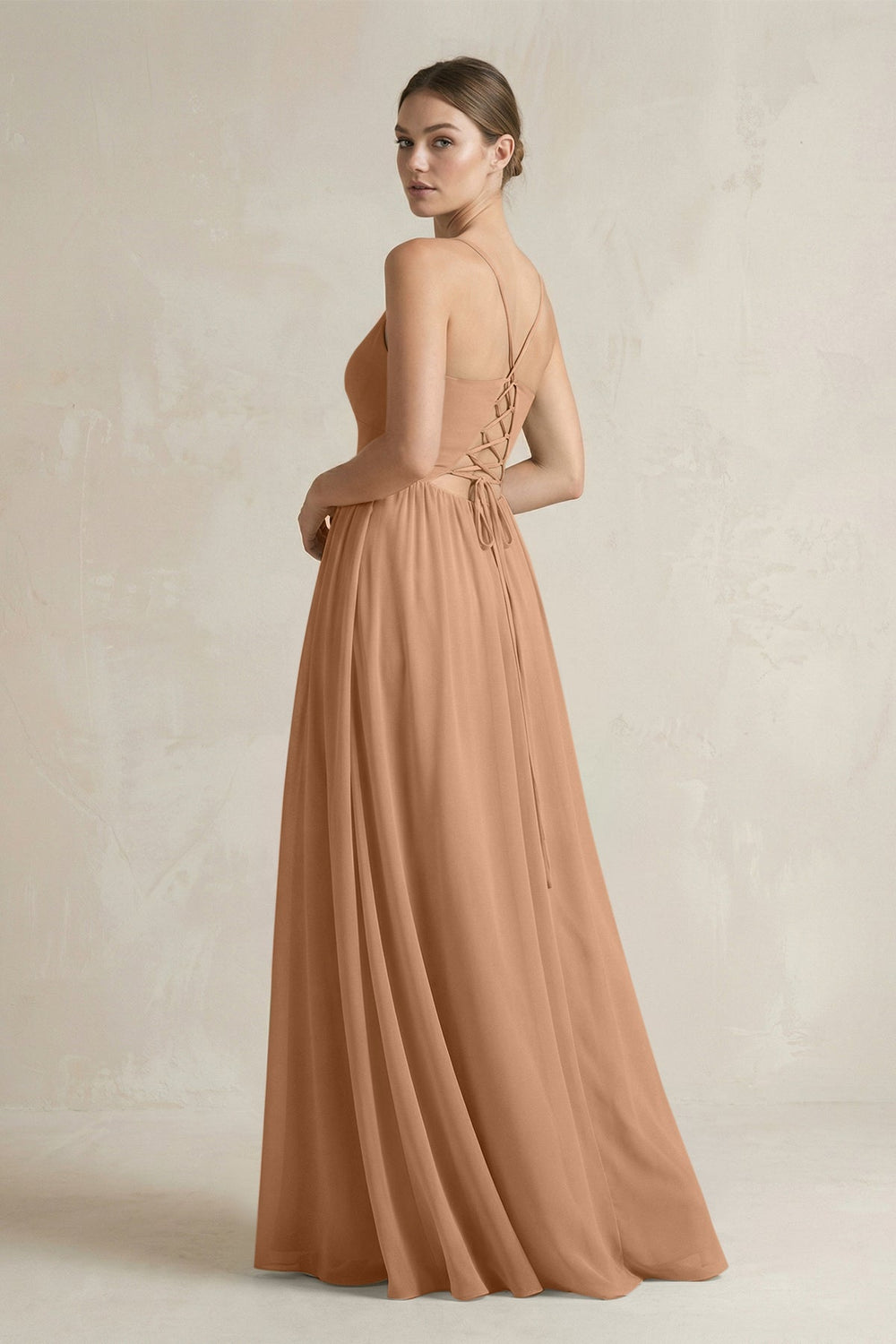 A-Line Spaghetti Strap Chiffon Bridesmaid Dress in Bronzer - KissProm BRIDESMAID DRESSES