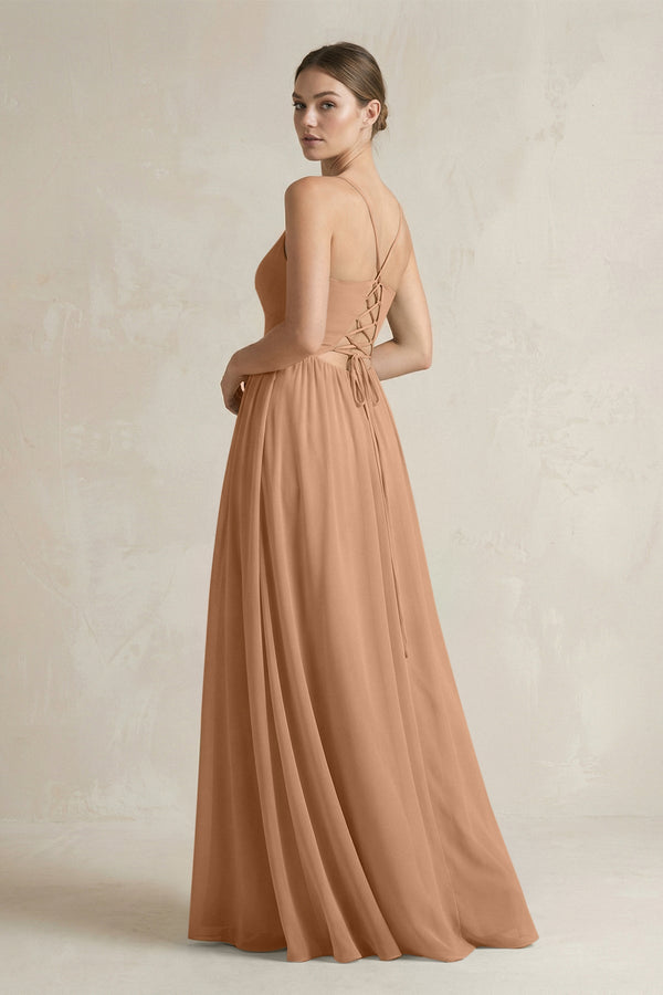 A-Line Spaghetti Strap Chiffon Bridesmaid Dress in Bronzer - KissProm BRIDESMAID DRESSES