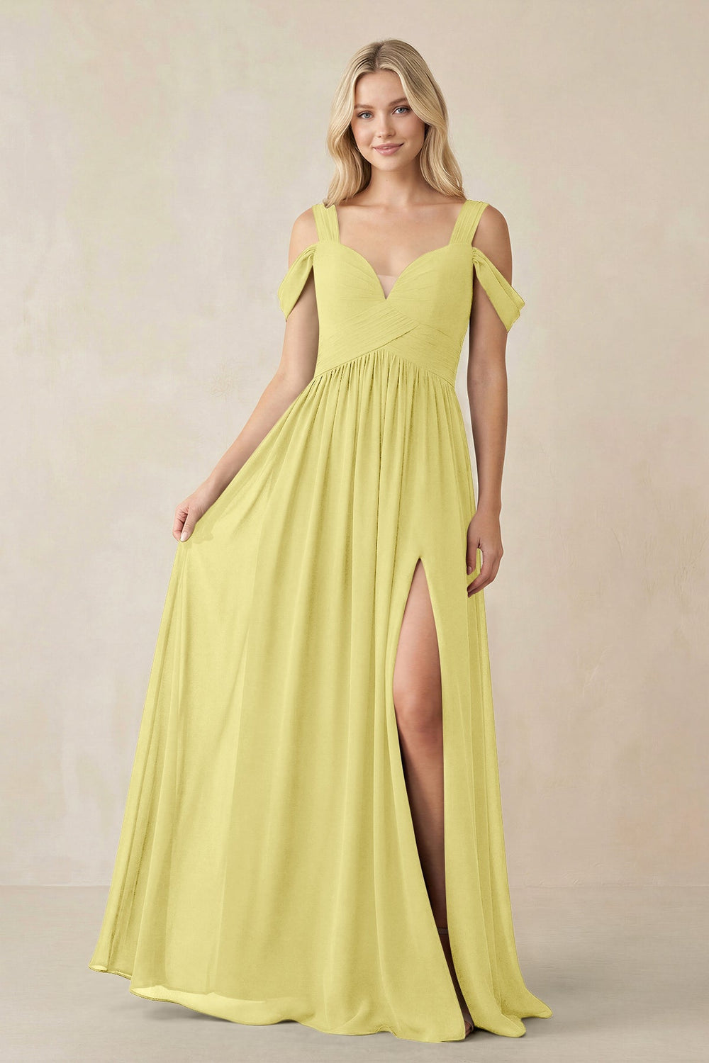 Chiffon A-Line Bridesmaid Dress with Slit  in Buttercup - KissProm BRIDESMAID DRESSES
