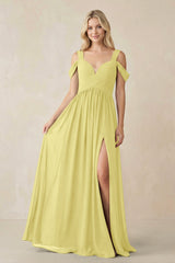 Chiffon A-Line Bridesmaid Dress with Slit  in Buttercup - KissProm BRIDESMAID DRESSES