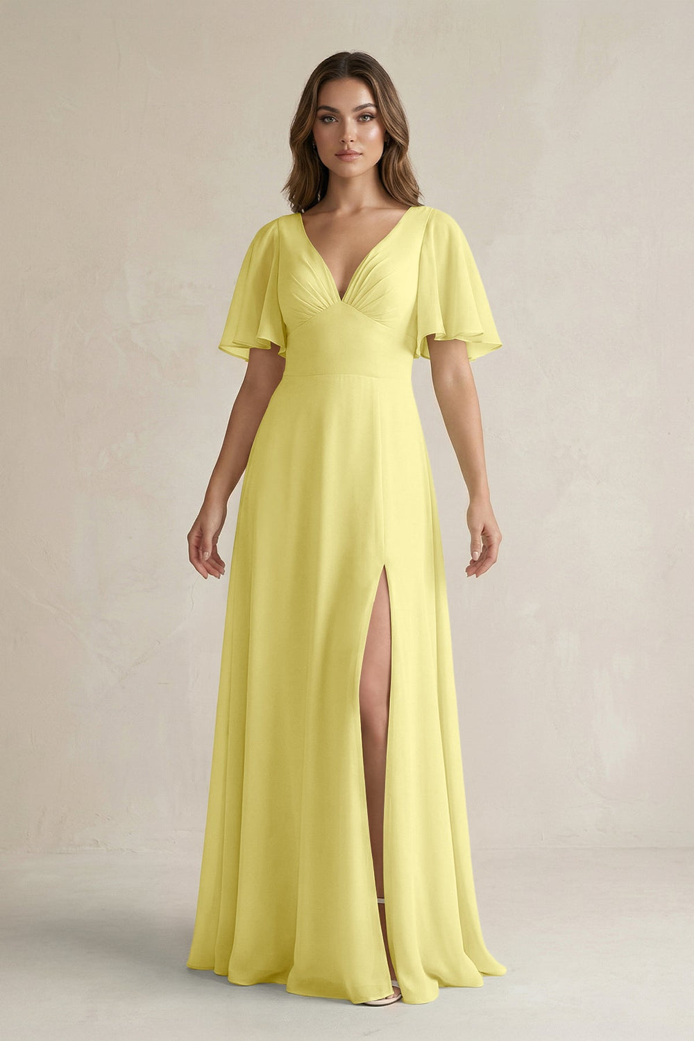 Flutter Sleeve V-Neck A-Line Chiffon Bridesmaid Dress in Buttercup