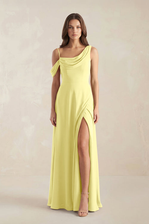 One-Shoulder Chiffon A-Line Bridesmaid Dress in Buttercup - KissProm BRIDESMAID DRESSES