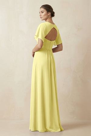 Short Sleeve V-Neck Chiffon A-Line Bridesmaid Dress in Buttercup - KissProm BRIDESMAID DRESSES
