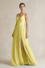 A-Line Spaghetti Strap Chiffon Bridesmaid Dress in Buttercup - KissProm BRIDESMAID DRESSES