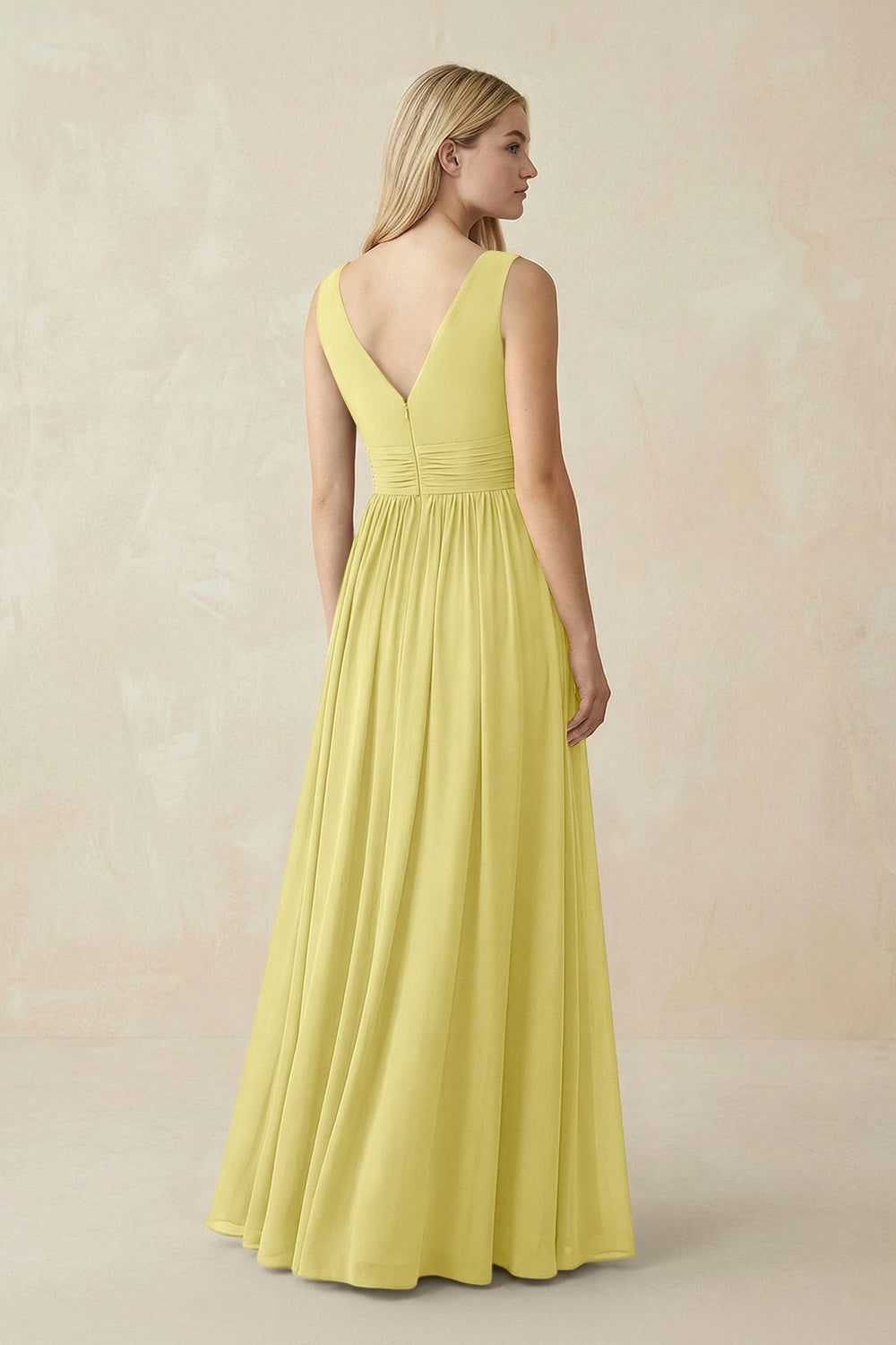 V-Neck Chiffon Pleated A-Line Bridesmaid Dress in Buttercup - KissProm BRIDESMAID DRESSES