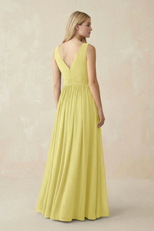 V-Neck Chiffon Pleated A-Line Bridesmaid Dress in Buttercup - KissProm BRIDESMAID DRESSES
