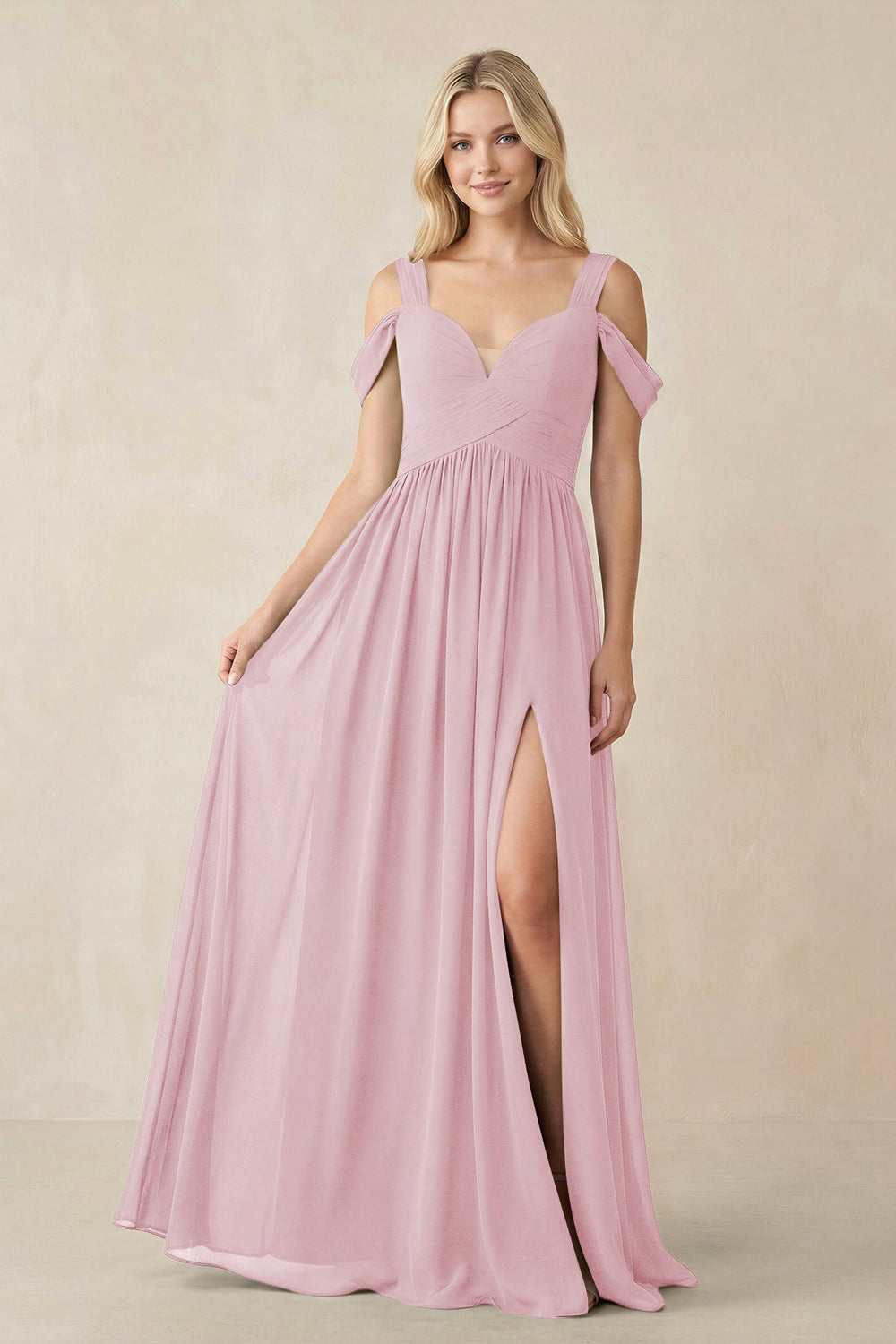 Chiffon A-Line Bridesmaid Dress with Slit  in Candy Pink - KissProm BRIDESMAID DRESSES