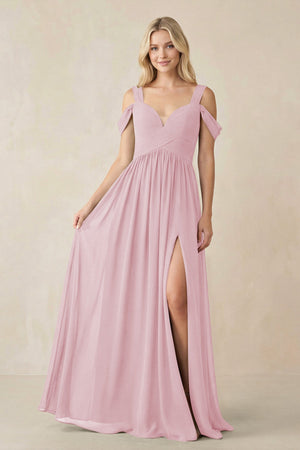 Chiffon A-Line Bridesmaid Dress with Slit  in Candy Pink - KissProm BRIDESMAID DRESSES