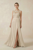 Lace A - Line Bateau Neck Chiffon Long Bridesmaid Dress in Champagne- KissProm Bridesmaid Dresses