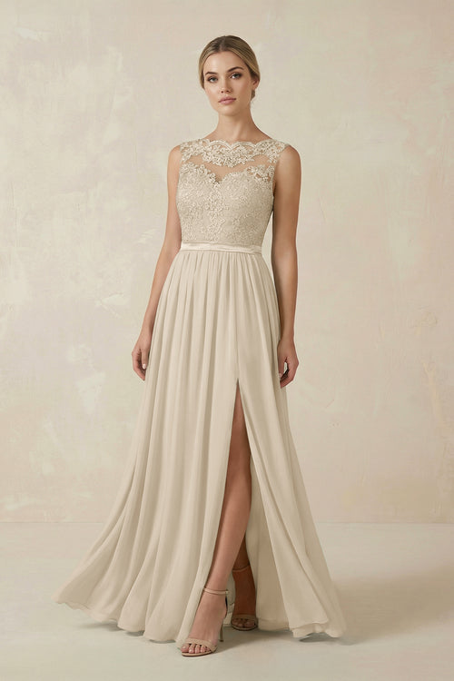 Lace A - Line Bateau Neck Chiffon Long Bridesmaid Dress in Champagne- KissProm Bridesmaid Dresses