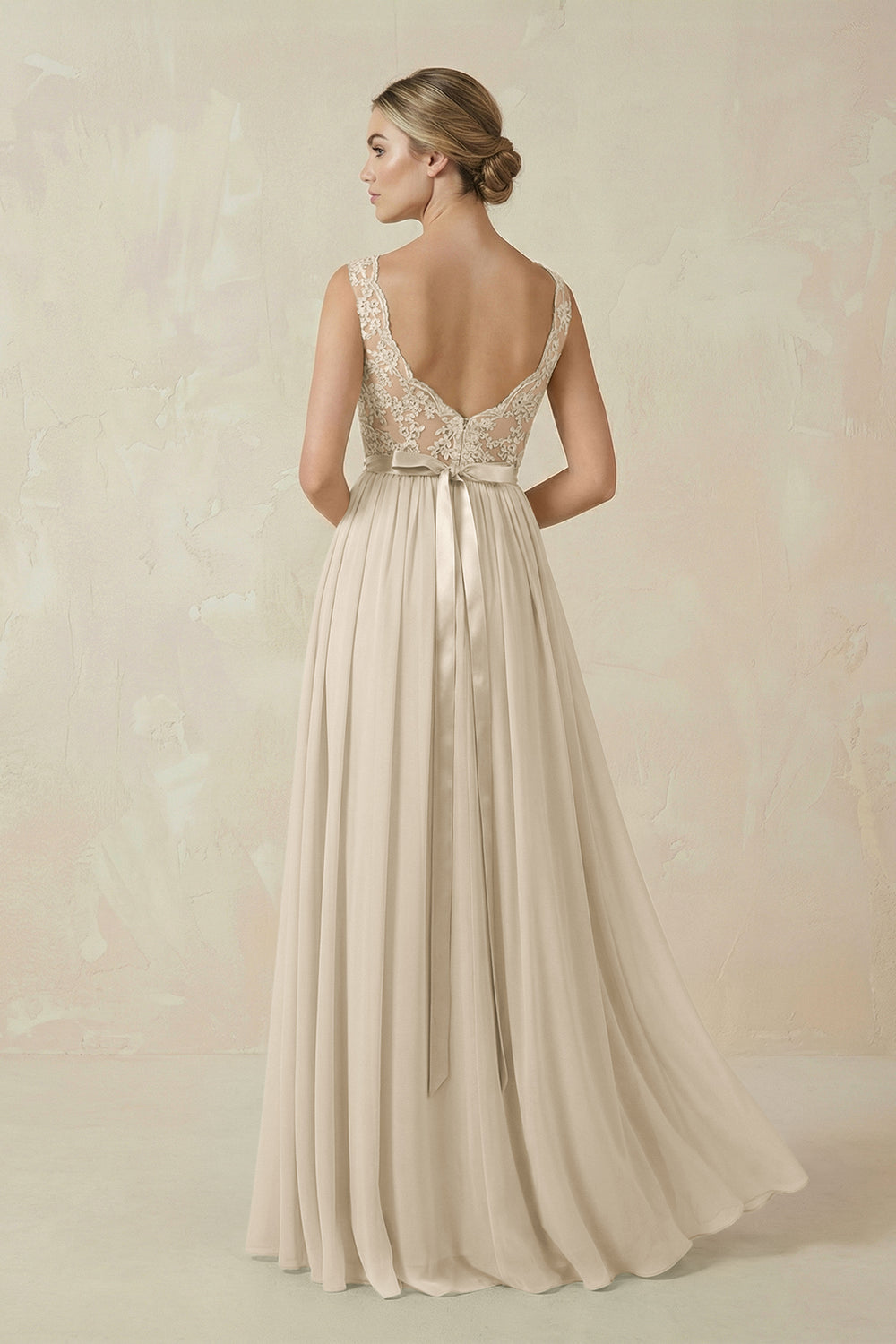 Lace A - Line Bateau Neck Chiffon Long Bridesmaid Dress in Champagne- KissProm Bridesmaid Dresses