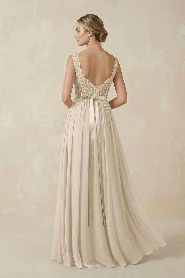 Lace A - Line Bateau Neck Chiffon Long Bridesmaid Dress in Champagne- KissProm Bridesmaid Dresses
