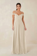 A-Line Off-the-Shoulder Chiffon Bridesmaid Dress in Champagne - KissProm BRIDESMAID DRESSES