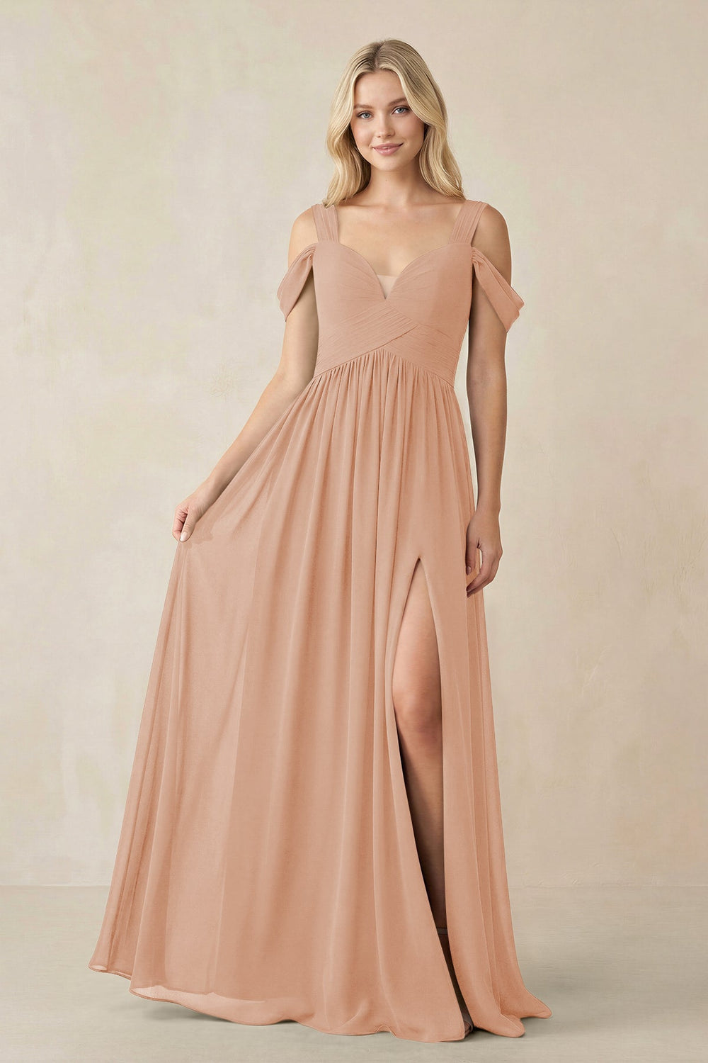 Chiffon A-Line Bridesmaid Dress with Slit  in Champagne Rose - KissProm BRIDESMAID DRESSES