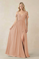 Chiffon A-Line Bridesmaid Dress with Slit  in Champagne Rose - KissProm BRIDESMAID DRESSES