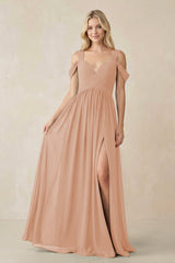 Chiffon A-Line Bridesmaid Dress with Slit  in Champagne Rose - KissProm BRIDESMAID DRESSES