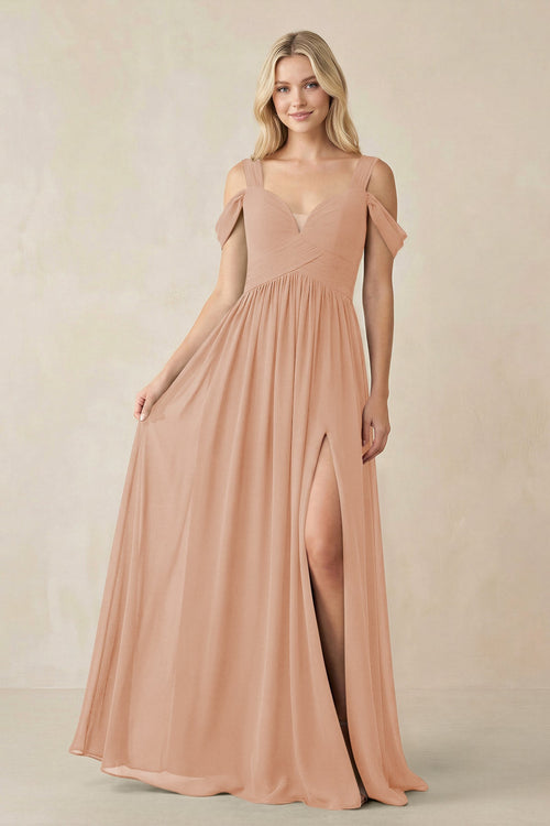 Chiffon A-Line Bridesmaid Dress with Slit  in Champagne Rose - KissProm BRIDESMAID DRESSES