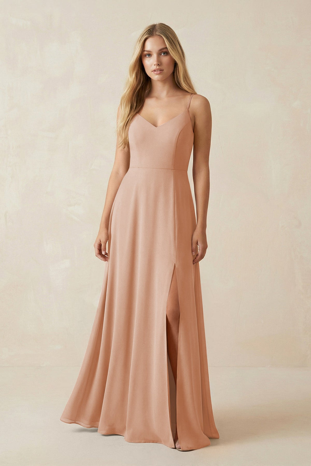 Cami Strap A-Line Chiffon Bridesmaid Dress with Slit in Champagne Rose - KissProm BRIDESMAID DRESSES