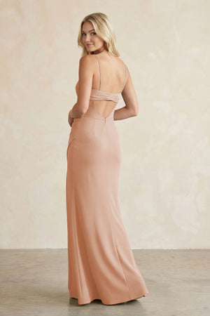 Cami Strap Chiffon Sheath Bridesmaid Dress with Slit in Champagne Rose - KissProm BRIDESMAID DRESSES
