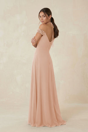 A-Line Off-the-Shoulder Chiffon Bridesmaid Dress in Champagne Rose - KissProm BRIDESMAID DRESSES