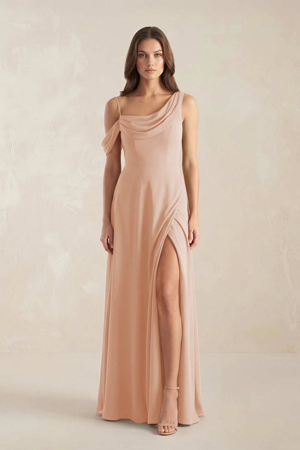 One-Shoulder Chiffon A-Line Bridesmaid Dress in Champagne Rose - KissProm BRIDESMAID DRESSES