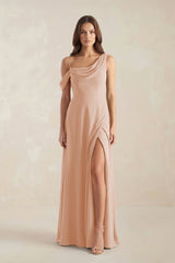 One-Shoulder Chiffon A-Line Bridesmaid Dress in Champagne Rose - KissProm BRIDESMAID DRESSES