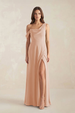 One-Shoulder Chiffon A-Line Bridesmaid Dress in Champagne Rose - KissProm BRIDESMAID DRESSES