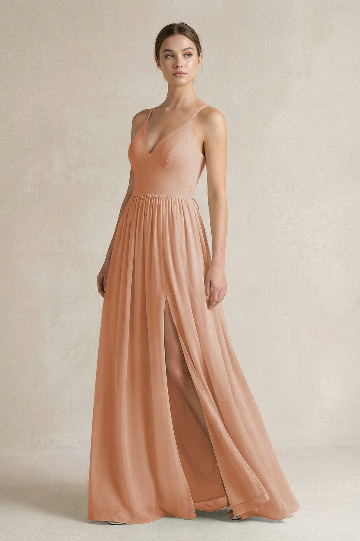 KissProm A-Line Spaghetti Strap Chiffon Bridesmaid Dress in Champagne Rose, Champagne Rose / 6