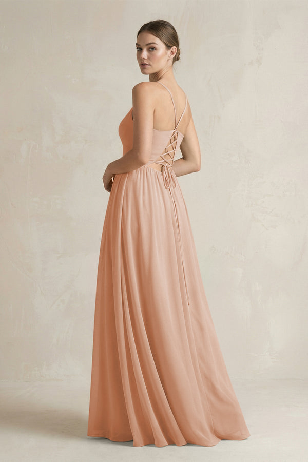 KissProm A-Line Spaghetti Strap Chiffon Bridesmaid Dress in Champagne Rose, Champagne Rose / 6