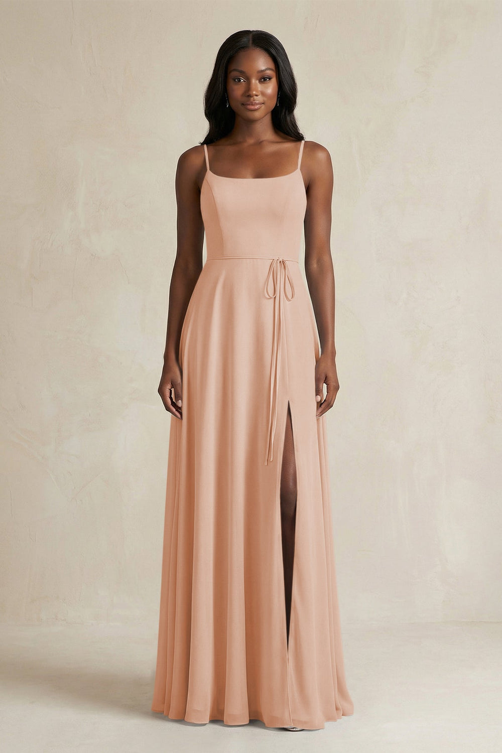 A-Line Spaghetti Straps Chiffon Bridesmaid Dress in Champagne Rose - KissProm BRIDESMAID DRESSES