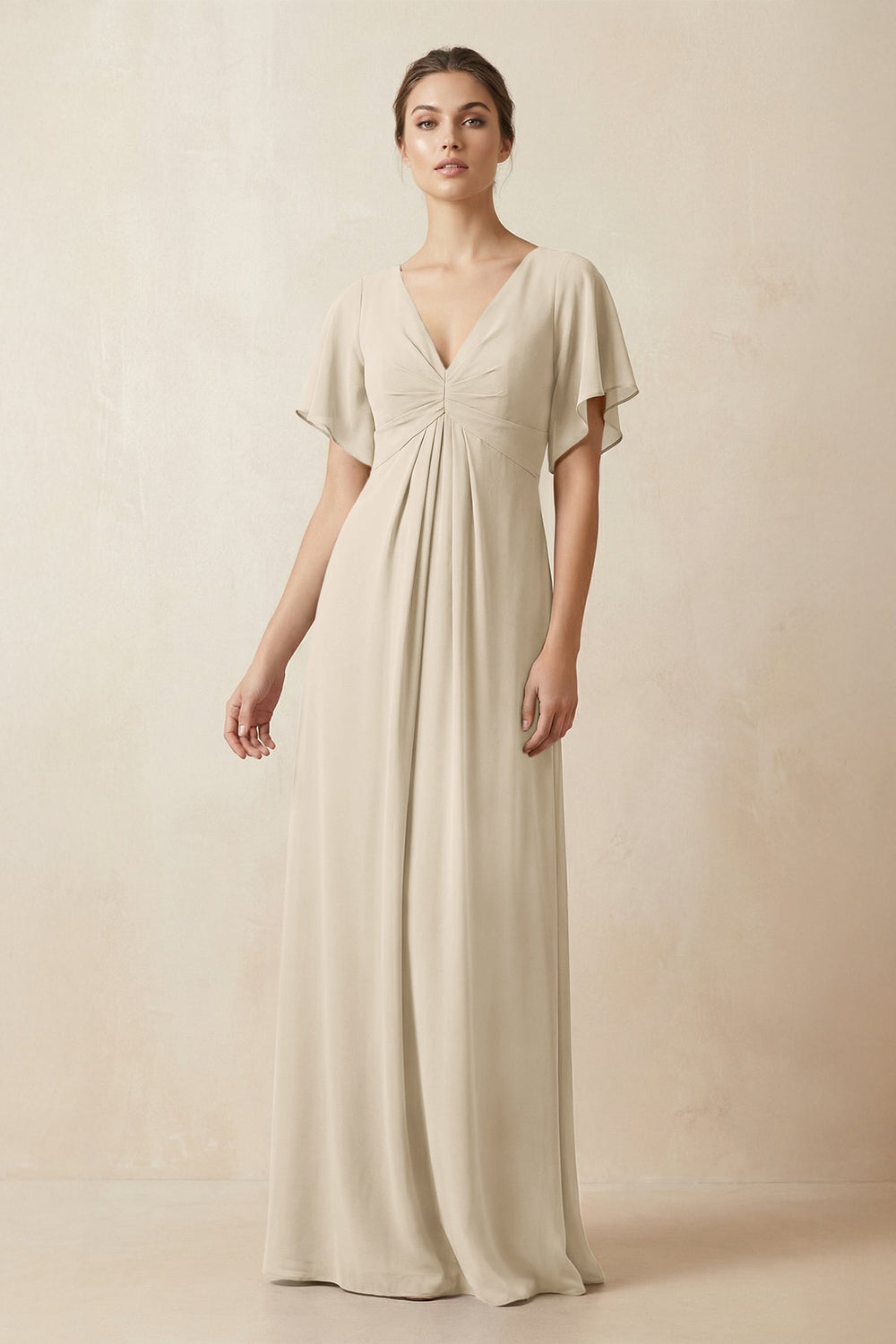 Short Sleeve V-Neck Chiffon A-Line Bridesmaid Dress in Champagne - KissProm BRIDESMAID DRESSES