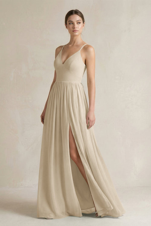 A-Line Spaghetti Strap Chiffon Bridesmaid Dress in Champagne - KissProm BRIDESMAID DRESSES