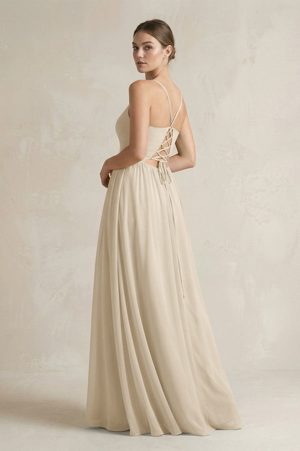 A-Line Spaghetti Strap Chiffon Bridesmaid Dress in Champagne - KissProm BRIDESMAID DRESSES