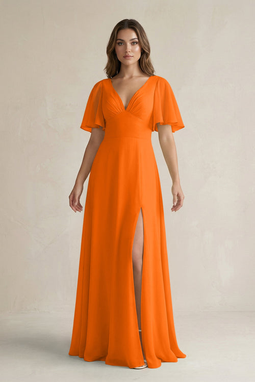 Flutter Sleeve V-Neck A-Line Chiffon Bridesmaid Dress in Cinnamon
