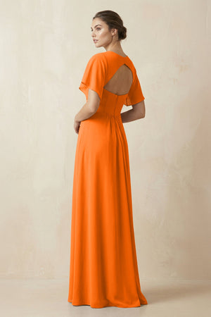 Short Sleeve V-Neck Chiffon A-Line Bridesmaid Dress in Cinnamon - KissProm BRIDESMAID DRESSES