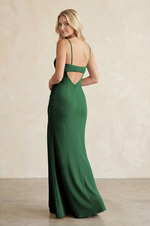 Cami Strap Chiffon Sheath Bridesmaid Dress with Slit in Dark Green - KissProm BRIDESMAID DRESSES