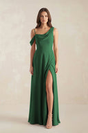 One-Shoulder Chiffon A-Line Bridesmaid Dress in Dark Green - KissProm BRIDESMAID DRESSES