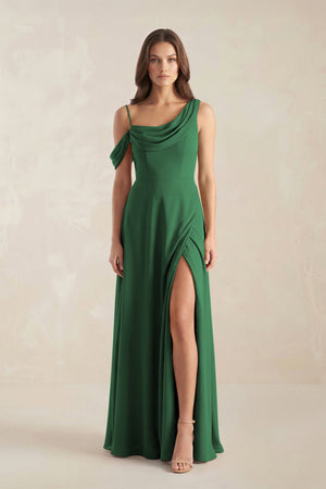 One-Shoulder Chiffon A-Line Bridesmaid Dress in Dark Green - KissProm BRIDESMAID DRESSES