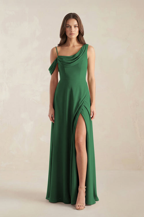 One-Shoulder Chiffon A-Line Bridesmaid Dress in Dark Green - KissProm BRIDESMAID DRESSES