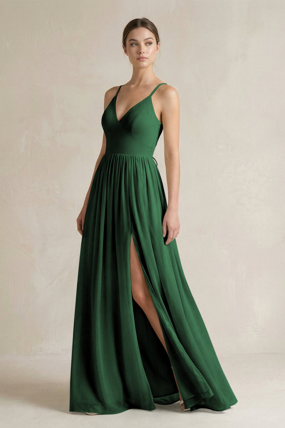 A-Line Spaghetti Strap Chiffon Bridesmaid Dress in Dark Green - KissProm BRIDESMAID DRESSES