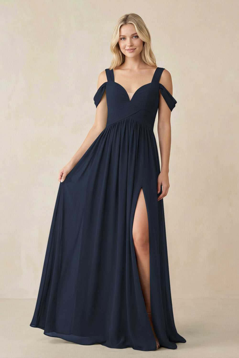 Chiffon A-Line Bridesmaid Dress with Slit  in Dark Navy - KissProm BRIDESMAID DRESSES