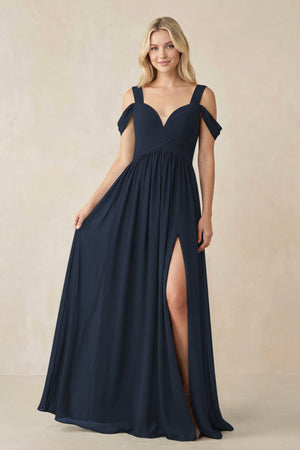 Chiffon A-Line Bridesmaid Dress with Slit  in Dark Navy - KissProm BRIDESMAID DRESSES