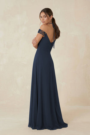 A-Line Off-the-Shoulder Chiffon Bridesmaid Dress in Dark Navy - KissProm BRIDESMAID DRESSES