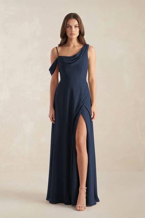 One-Shoulder Chiffon A-Line Bridesmaid Dress in Dark Navy - KissProm BRIDESMAID DRESSES