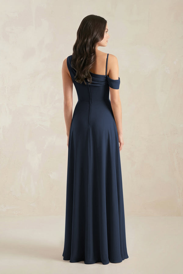 One-Shoulder Chiffon A-Line Bridesmaid Dress in Dark Navy - KissProm BRIDESMAID DRESSES