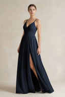 A-Line Spaghetti Strap Chiffon Bridesmaid Dress in Dark Navy - KissProm BRIDESMAID DRESSES
