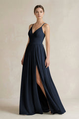 A-Line Spaghetti Strap Chiffon Bridesmaid Dress in Dark Navy - KissProm BRIDESMAID DRESSES